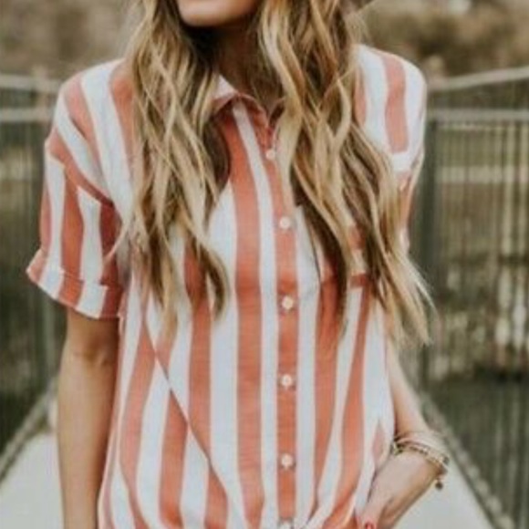 Roolee Tops - Roolee Coral Striped Tie Front Top